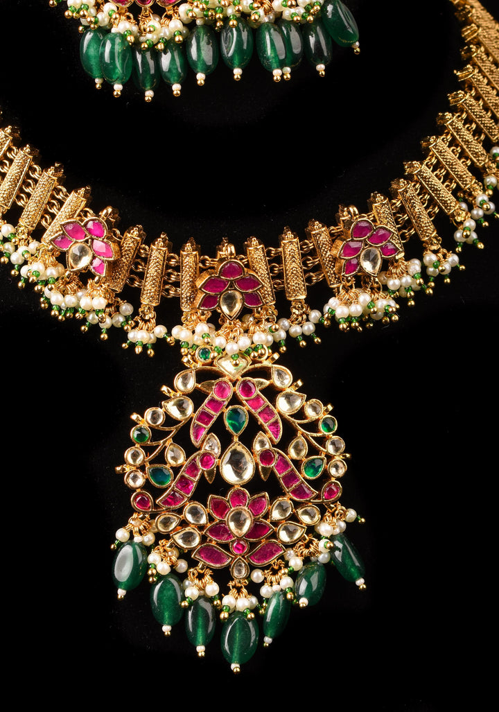 Ahmedabadi Jadau Necklace and Earrings set in Microplated Gold finish