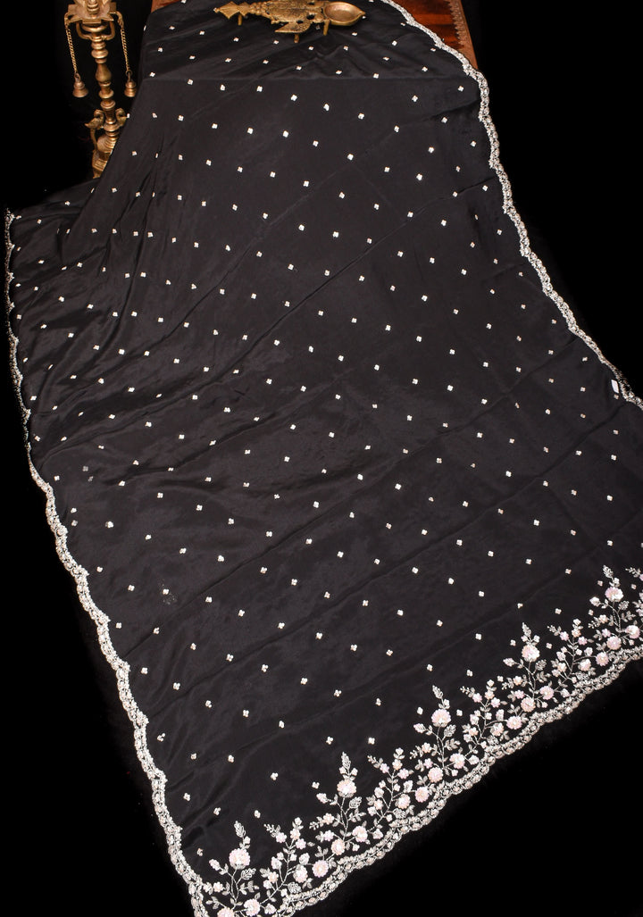 Black Exquisite Pure Crepe Chiffon saree with Sequin and Cutdana scallop embroidery | SILK MARK CERTIFIED