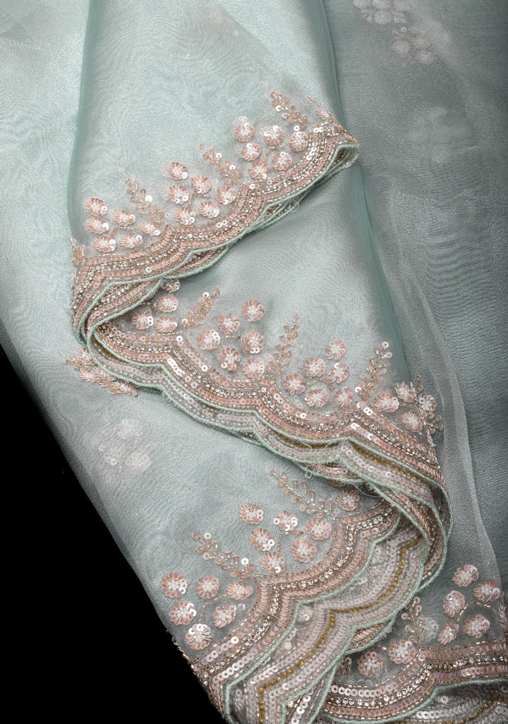 Pastel Grey Exquisite Organza saree with Sequin, Cutdana embroidery and Scallop Border