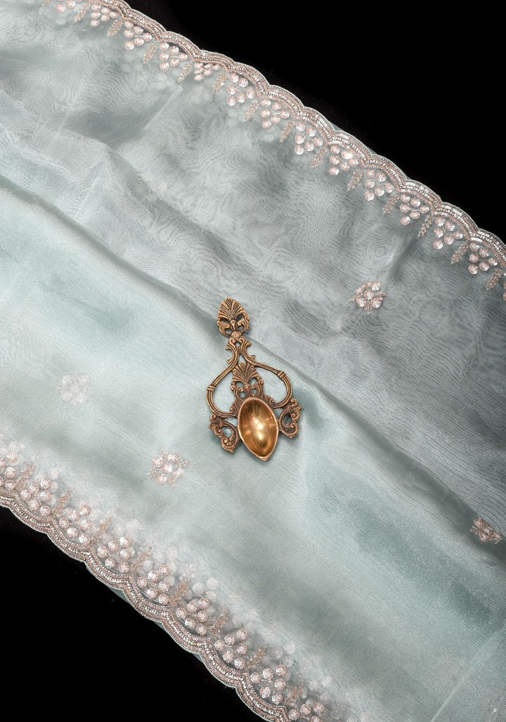 Pastel Grey Exquisite Organza saree with Sequin, Cutdana embroidery and Scallop Border
