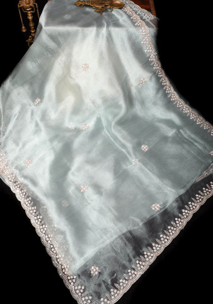 Pastel Grey Exquisite Organza saree with Sequin, Cutdana embroidery and Scallop Border