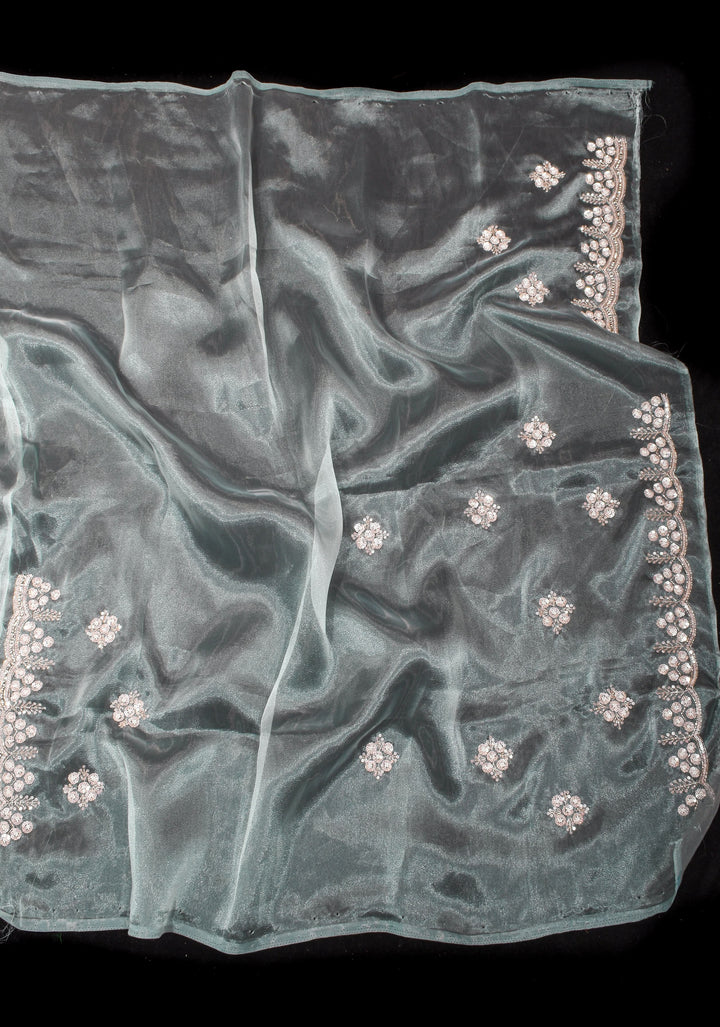 Pastel Grey Exquisite Organza saree with Sequin, Cutdana embroidery and Scallop Border
