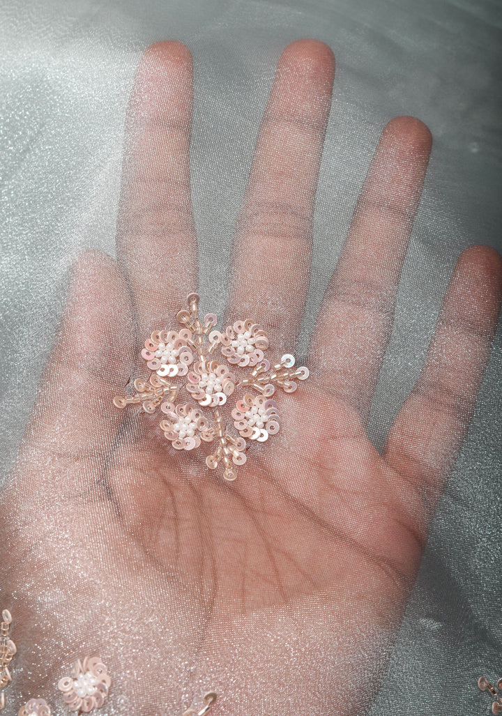 Pastel Grey Exquisite Organza saree with Sequin, Cutdana embroidery and Scallop Border