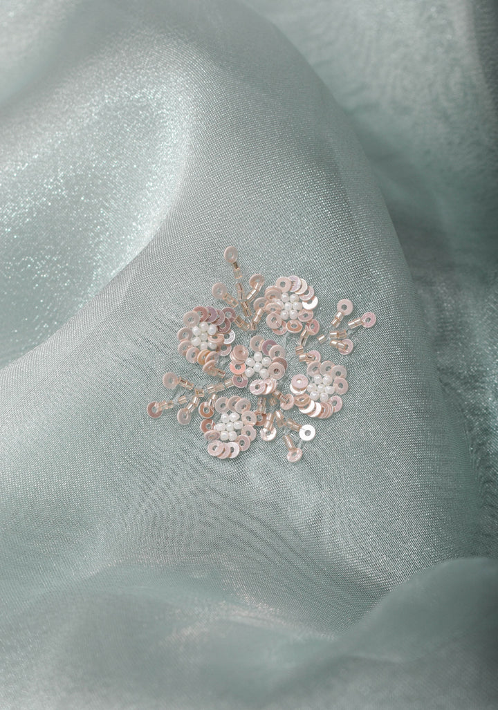 Pastel Grey Exquisite Organza saree with Sequin, Cutdana embroidery and Scallop Border