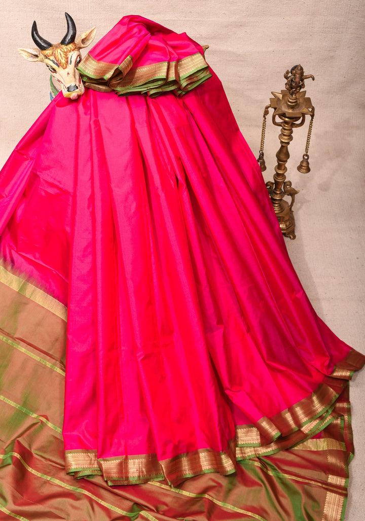 Rani Pink Kanjivaram Soft Silk Saree with Green Minimal Width Border | SILK MARK CERTIFIED