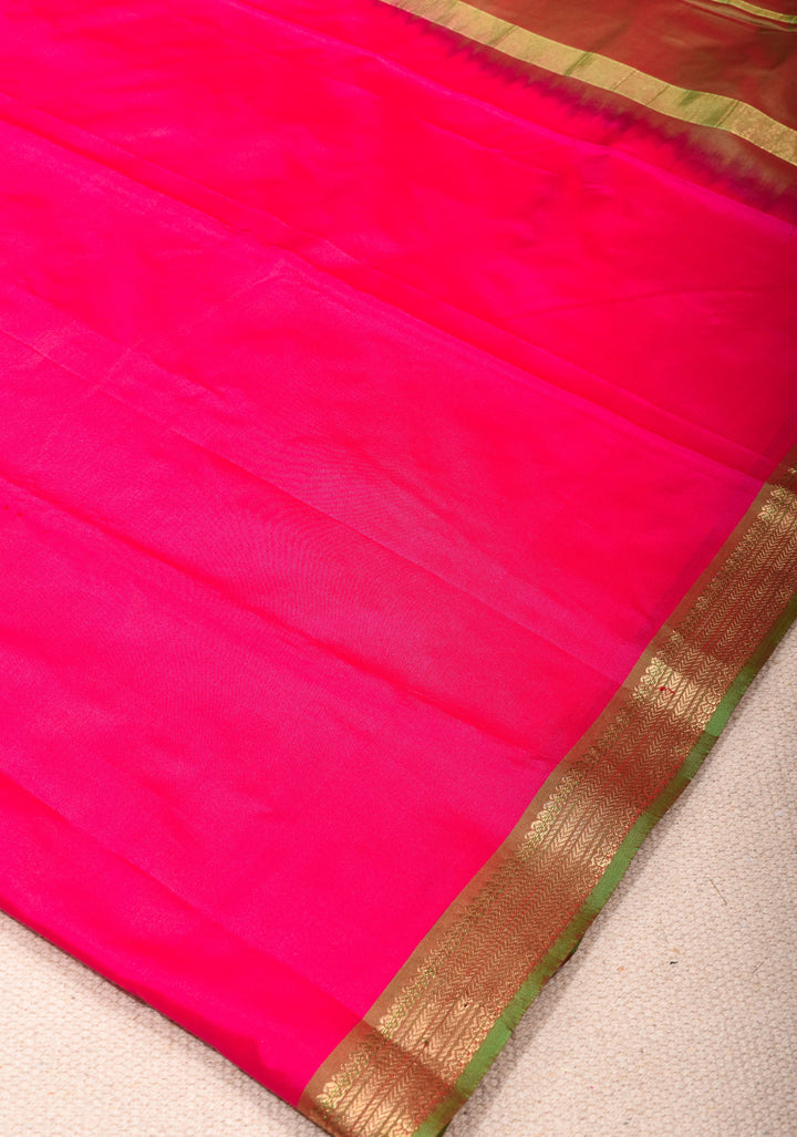 Rani Pink Kanjivaram Soft Silk Saree with Green Minimal Width Border | SILK MARK CERTIFIED