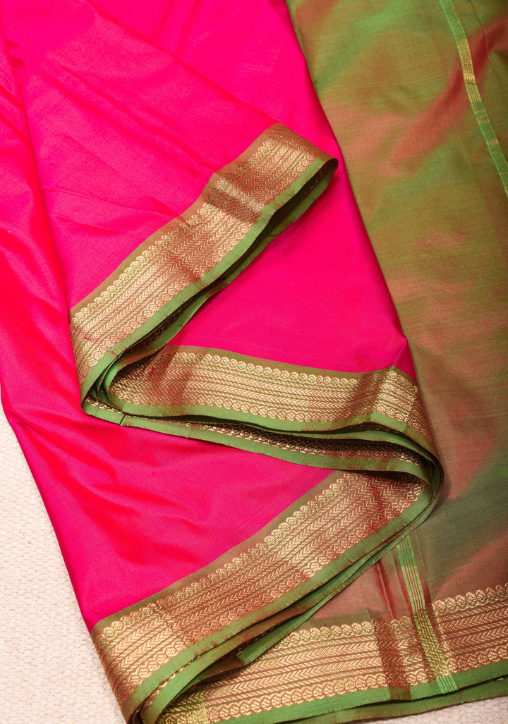 Rani Pink Kanjivaram Soft Silk Saree with Green Minimal Width Border | SILK MARK CERTIFIED