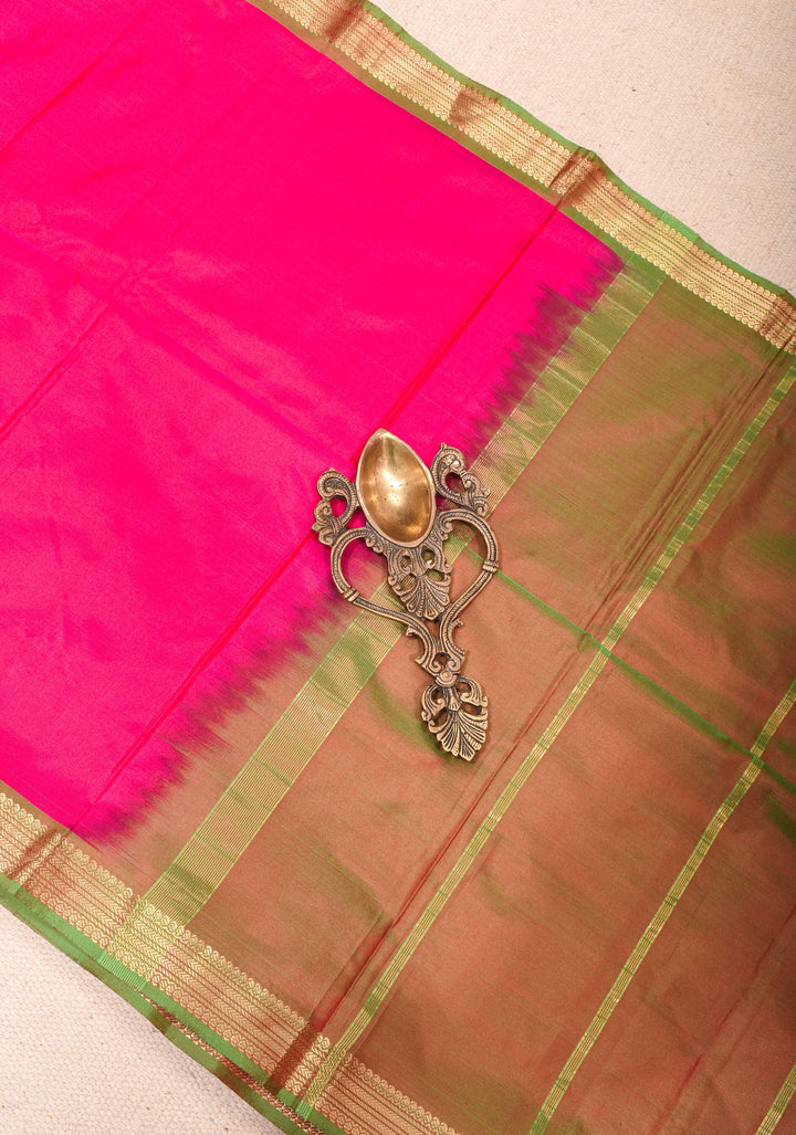 Rani Pink Kanjivaram Soft Silk Saree with Green Minimal Width Border | SILK MARK CERTIFIED
