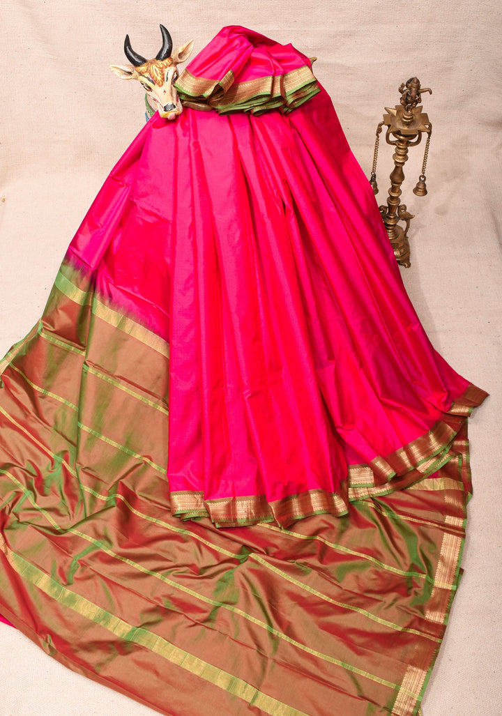 Rani Pink Kanjivaram Soft Silk Saree with Green Minimal Width Border | SILK MARK CERTIFIED