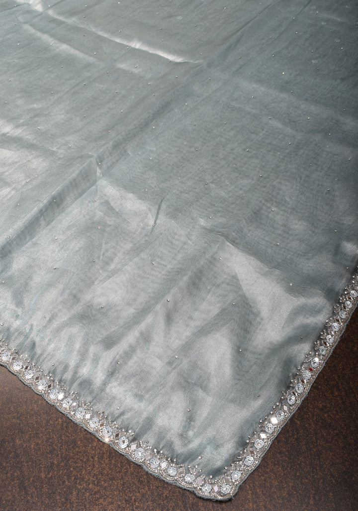 Powder Blue Tissue Saree with sequins, cutdana, mirror work and scalloped Borders