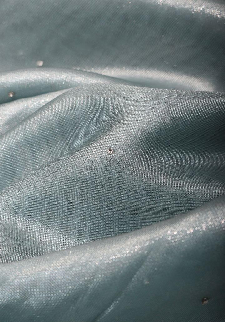 Powder Blue Tissue Saree with sequins, cutdana, mirror work and scalloped Borders