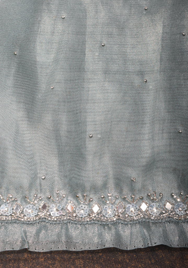 Powder Blue Tissue Saree with sequins, cutdana, mirror work and scalloped Borders