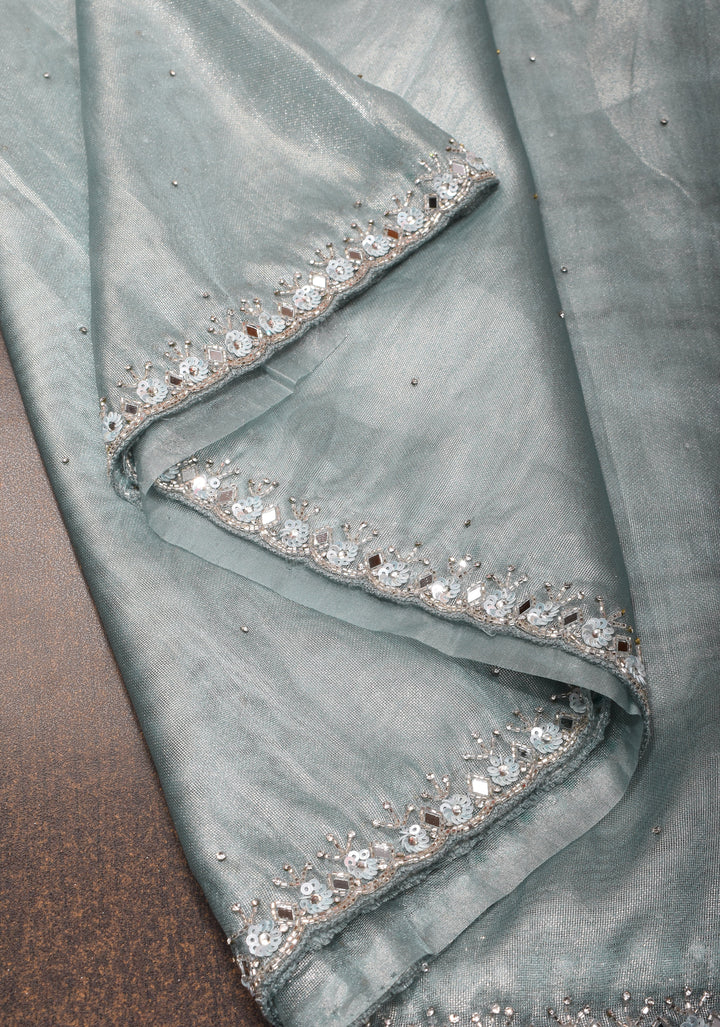 Powder Blue Tissue Saree with sequins, cutdana, mirror work and scalloped Borders