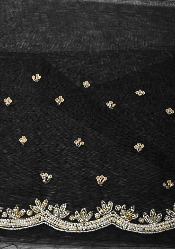 Black And White Organza Saree with Digital Print and cutdana and Moti work on scallop border | SILK MARKED CERTIFIED