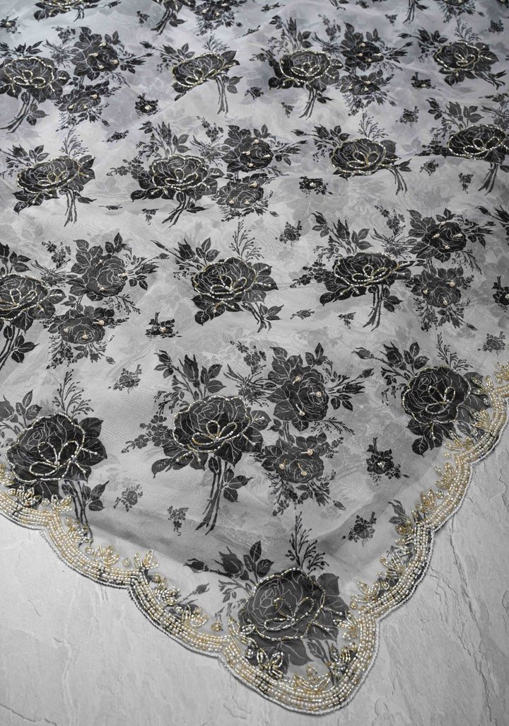 Black And White Organza Saree with Digital Print and cutdana and Moti work on scallop border | SILK MARKED CERTIFIED