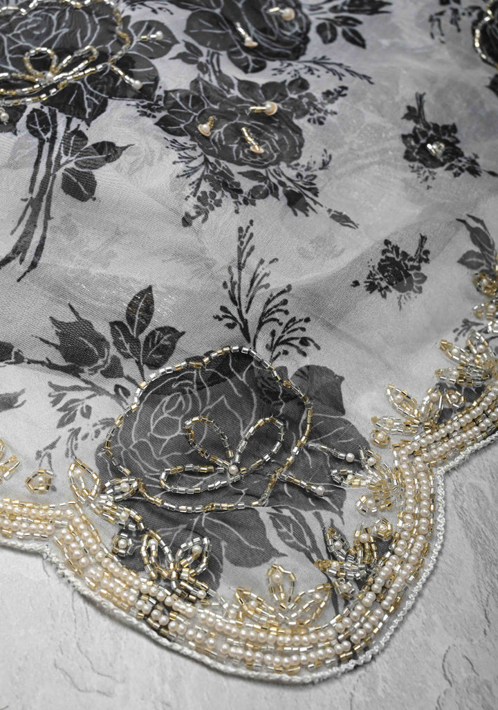 Black And White Organza Saree with Digital Print and cutdana and Moti work on scallop border | SILK MARKED CERTIFIED