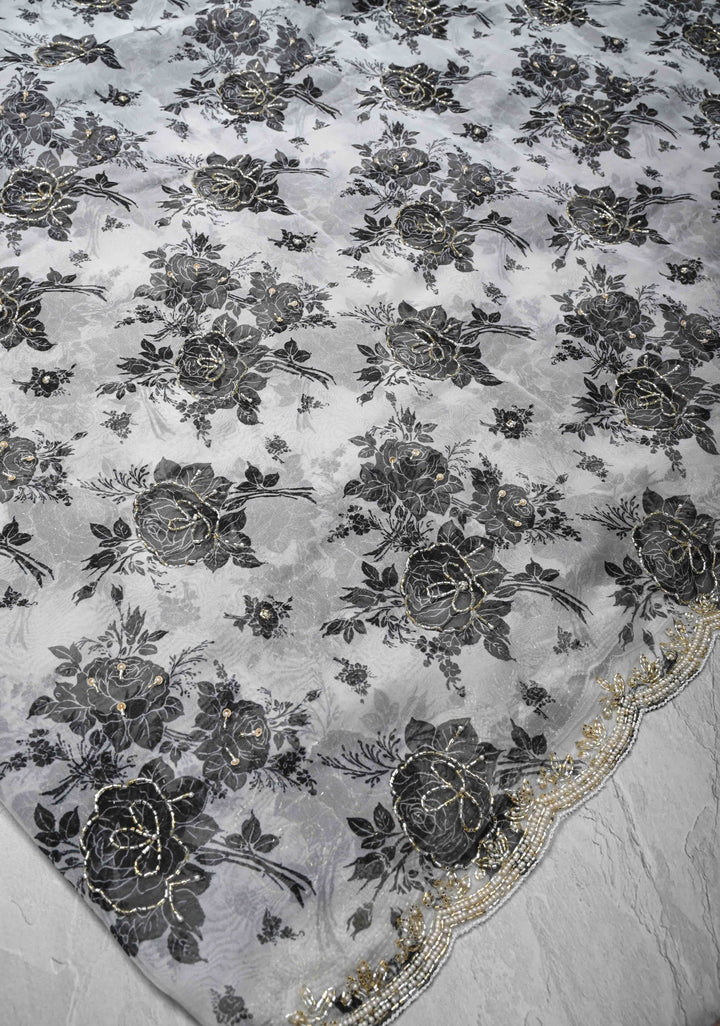 Black And White Organza Saree with Digital Print and cutdana and Moti work on scallop border | SILK MARKED CERTIFIED