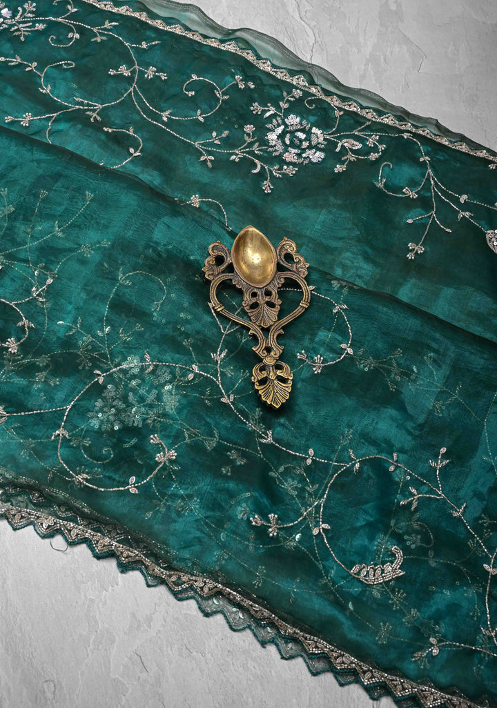 Peacock Green Organza Saree with sequins, cutdana, Moti Machine Embroidery and Scallop Border