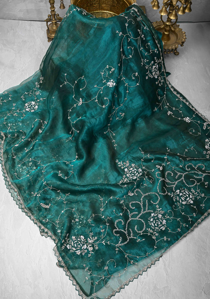 Peacock Green Organza Saree with sequins, cutdana, Moti Machine Embroidery and Scallop Border