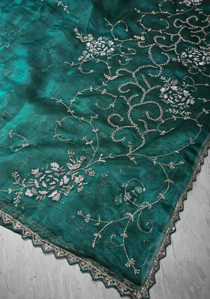 Peacock Green Organza Saree with sequins, cutdana, Moti Machine Embroidery and Scallop Border