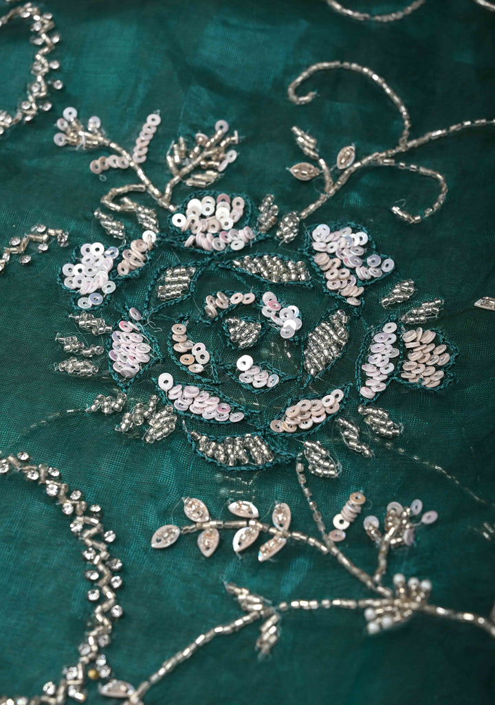 Peacock Green Organza Saree with sequins, cutdana, Moti Machine Embroidery and Scallop Border