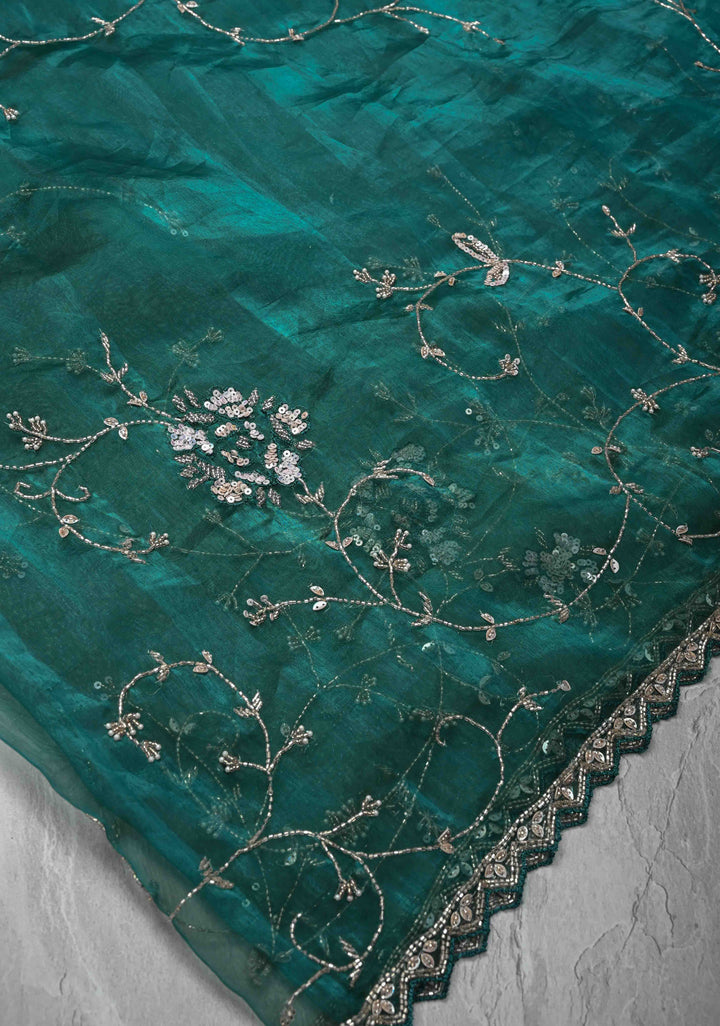 Peacock Green Organza Saree with sequins, cutdana, Moti Machine Embroidery and Scallop Border