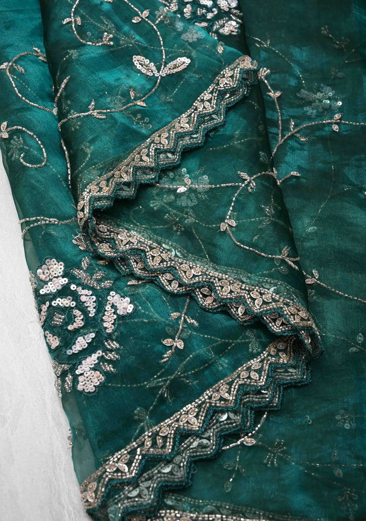 Peacock Green Organza Saree with sequins, cutdana, Moti Machine Embroidery and Scallop Border