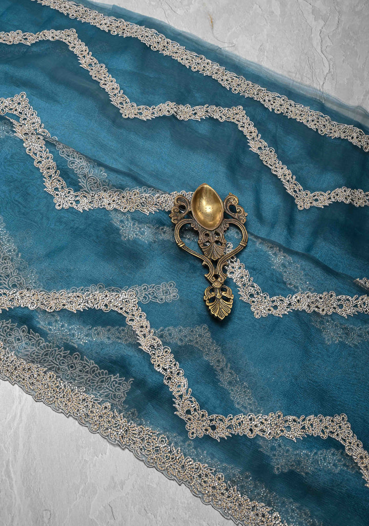 Prussian Blue Chevron Design on Organza Saree with Stone and Machine Cut work | SILK MARK CERTIFIED