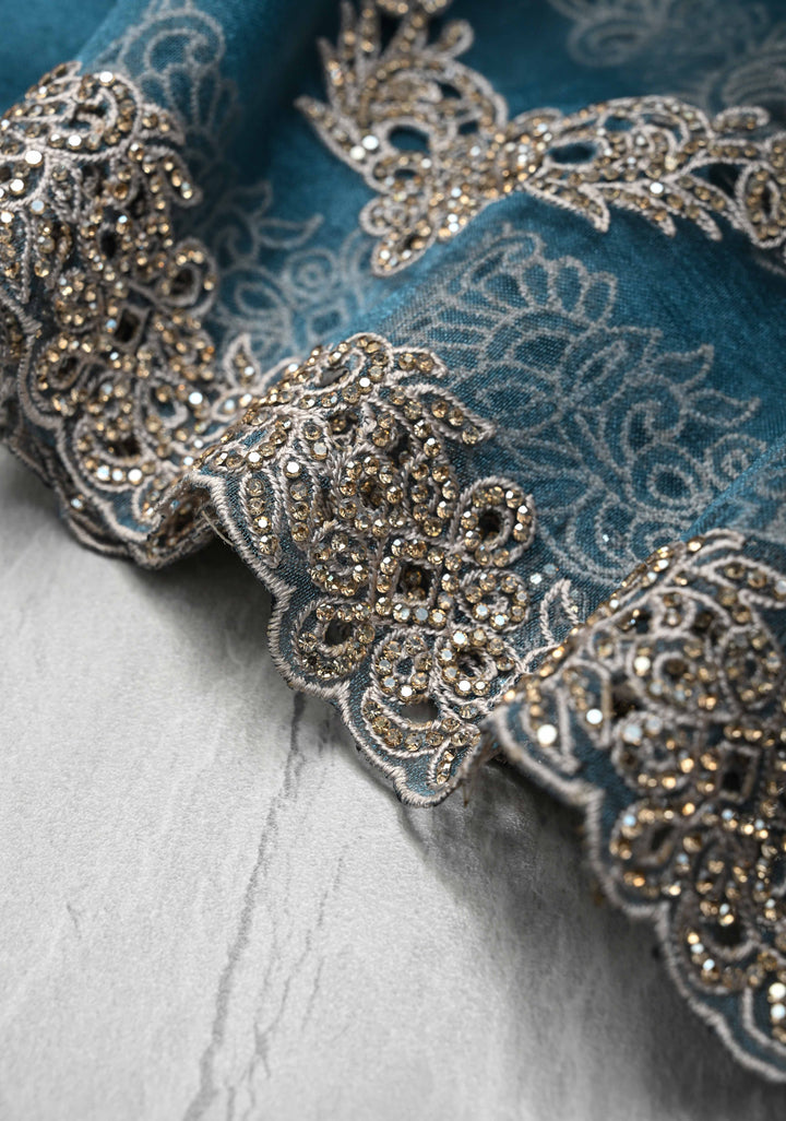 Prussian Blue Chevron Design on Organza Saree with Stone and Machine Cut work | SILK MARK CERTIFIED