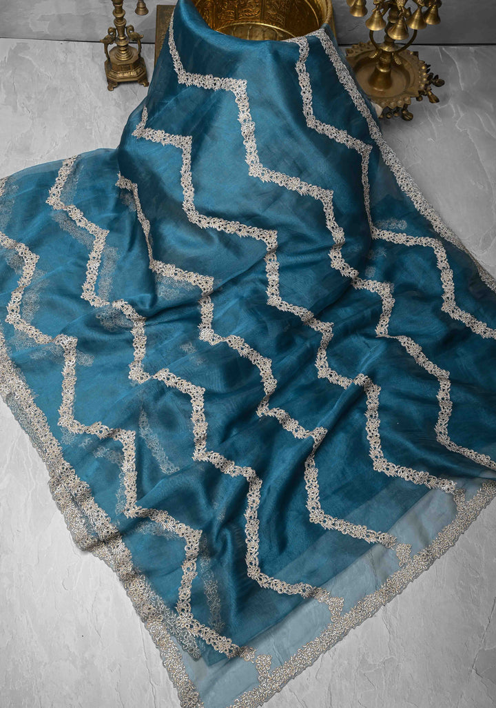 Prussian Blue Chevron Design on Organza Saree with Stone and Machine Cut work | SILK MARK CERTIFIED