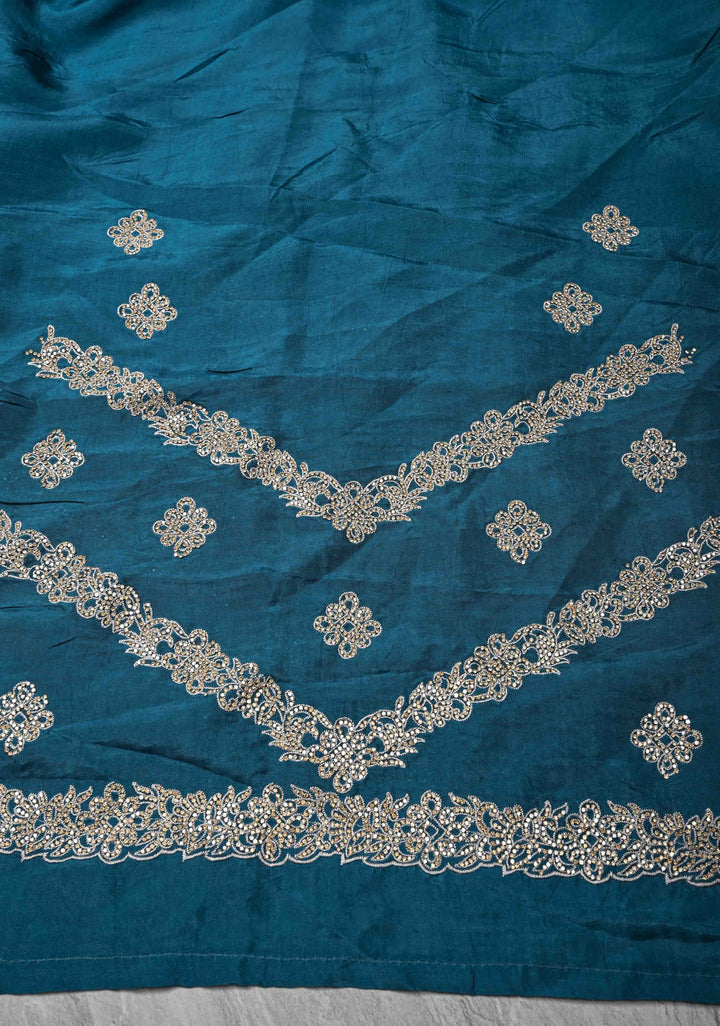 Prussian Blue Chevron Design on Organza Saree with Stone and Machine Cut work | SILK MARK CERTIFIED