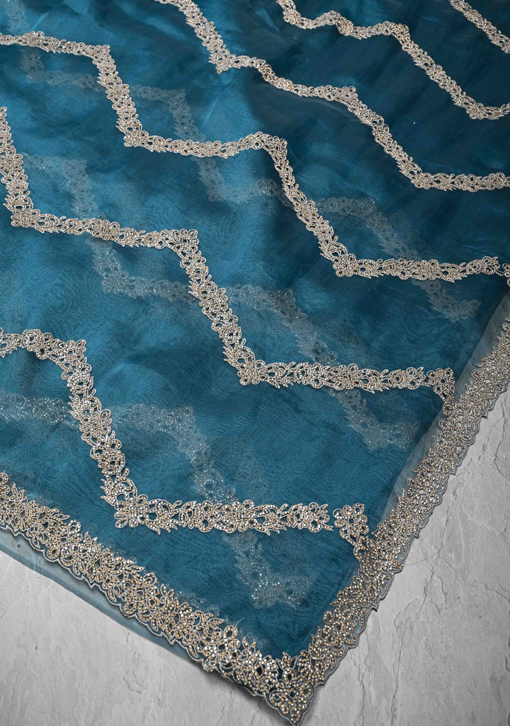 Prussian Blue Chevron Design on Organza Saree with Stone and Machine Cut work | SILK MARK CERTIFIED