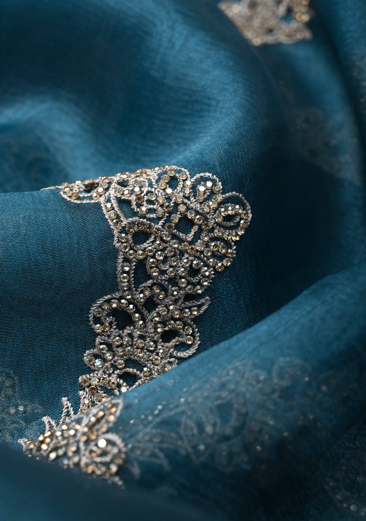 Prussian Blue Chevron Design on Organza Saree with Stone and Machine Cut work | SILK MARK CERTIFIED