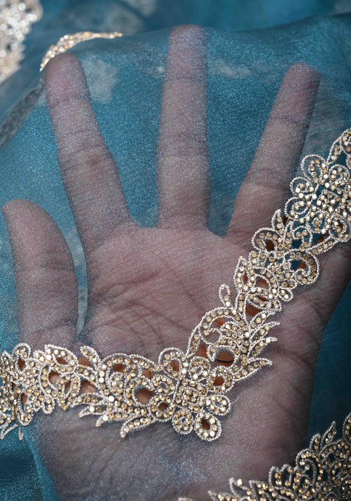 Prussian Blue Chevron Design on Organza Saree with Stone and Machine Cut work | SILK MARK CERTIFIED