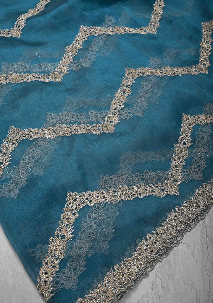 Prussian Blue Chevron Design on Organza Saree with Stone and Machine Cut work | SILK MARK CERTIFIED