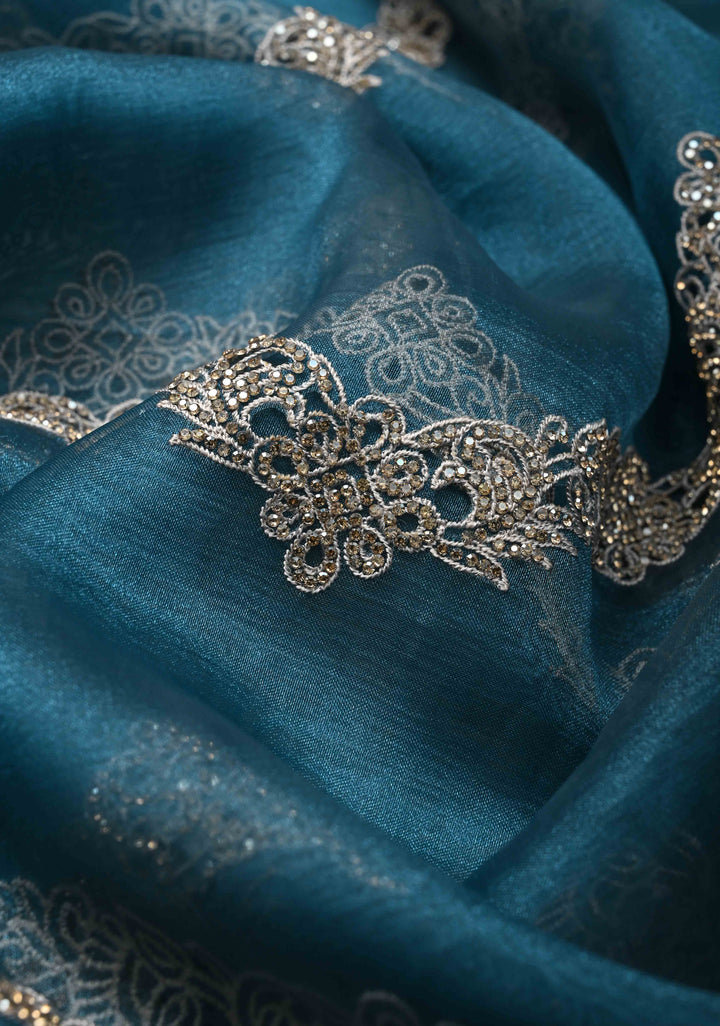 Prussian Blue Chevron Design on Organza Saree with Stone and Machine Cut work | SILK MARK CERTIFIED