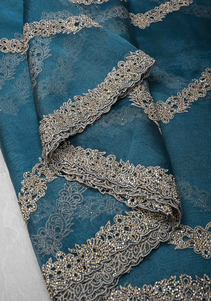 Prussian Blue Chevron Design on Organza Saree with Stone and Machine Cut work | SILK MARK CERTIFIED