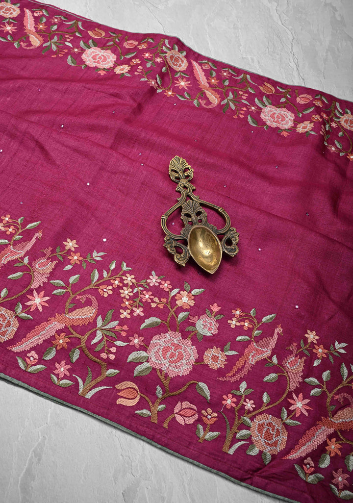 Plum-Magenta Tussar Silk Saree with Parsi Gara Design Machine Embroidery on Wide Border and Mirror work  |  SILK MARK CERTIFIED|