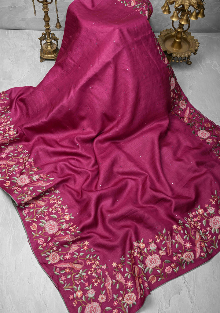 Plum-Magenta Tussar Silk Saree with Parsi Gara Design Machine Embroidery on Wide Border and Mirror work  |  SILK MARK CERTIFIED|