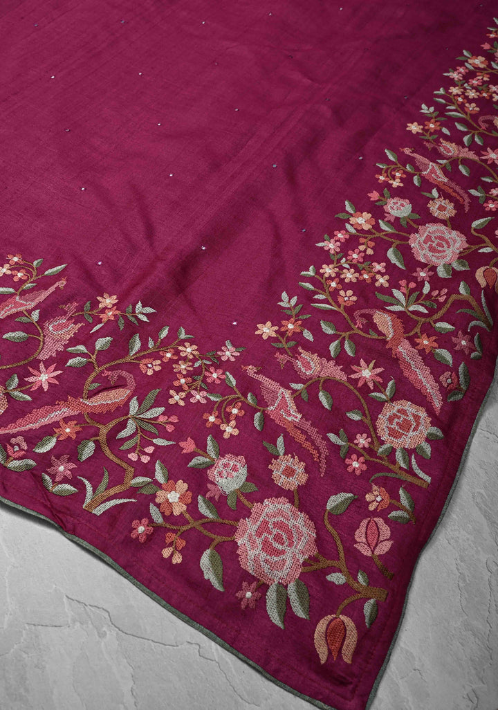 Plum-Magenta Tussar Silk Saree with Parsi Gara Design Machine Embroidery on Wide Border and Mirror work  |  SILK MARK CERTIFIED|