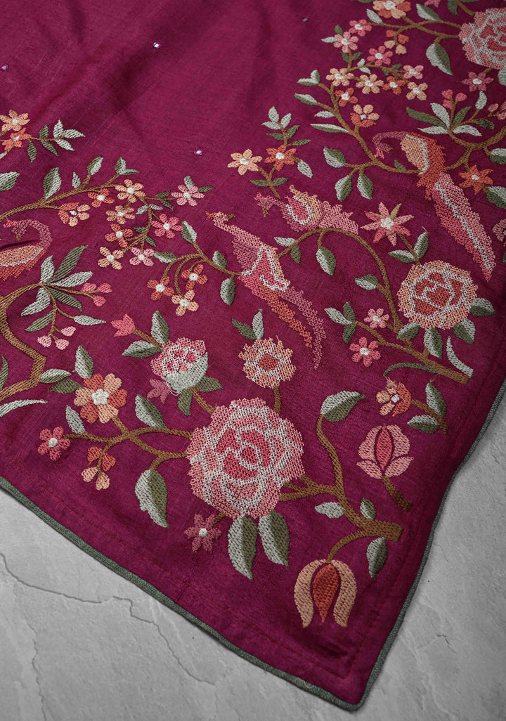 Plum-Magenta Tussar Silk Saree with Parsi Gara Design Machine Embroidery on Wide Border and Mirror work  |  SILK MARK CERTIFIED|