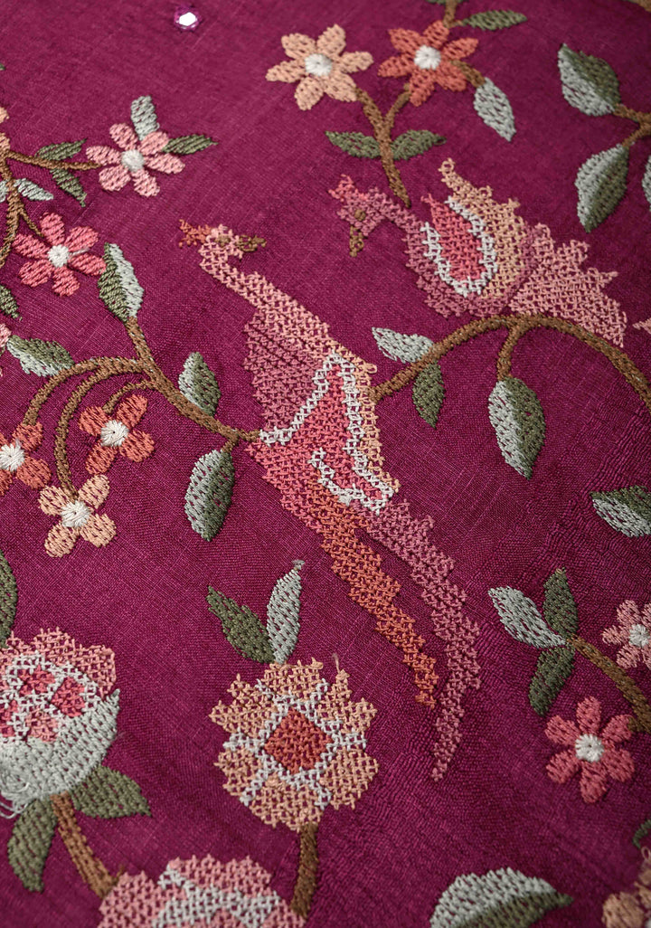 Plum-Magenta Tussar Silk Saree with Parsi Gara Design Machine Embroidery on Wide Border and Mirror work  |  SILK MARK CERTIFIED|