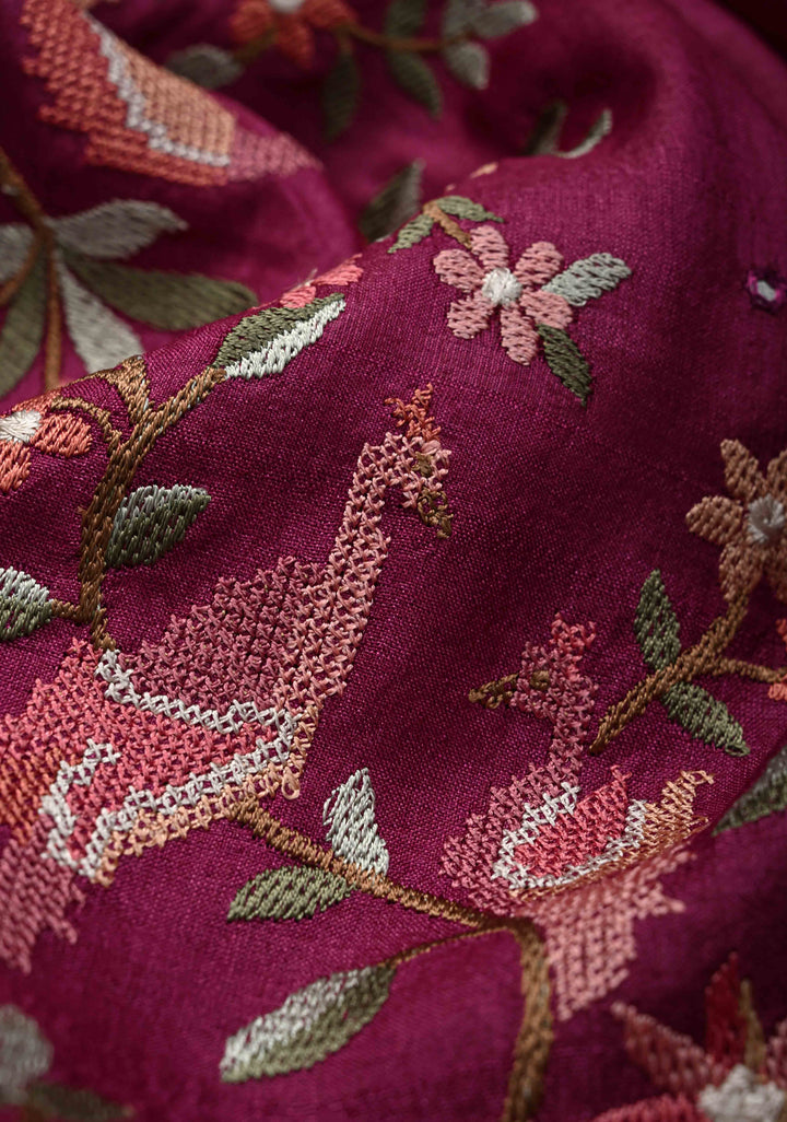 Plum-Magenta Tussar Silk Saree with Parsi Gara Design Machine Embroidery on Wide Border and Mirror work  |  SILK MARK CERTIFIED|