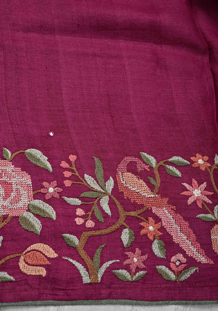 Plum-Magenta Tussar Silk Saree with Parsi Gara Design Machine Embroidery on Wide Border and Mirror work  |  SILK MARK CERTIFIED|