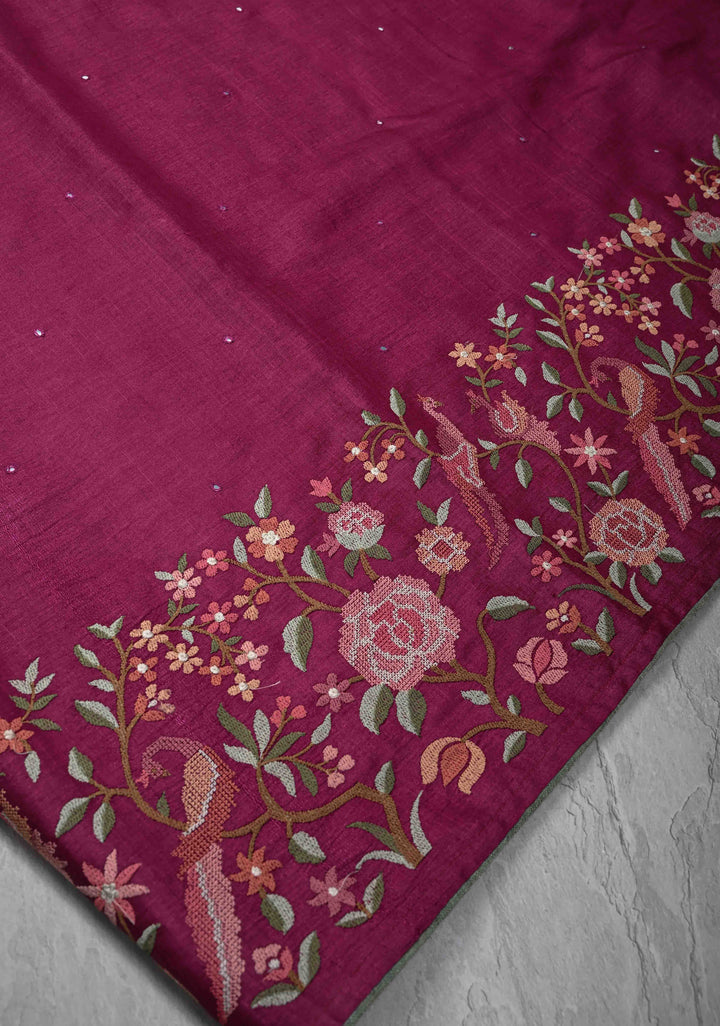 Plum-Magenta Tussar Silk Saree with Parsi Gara Design Machine Embroidery on Wide Border and Mirror work  |  SILK MARK CERTIFIED|