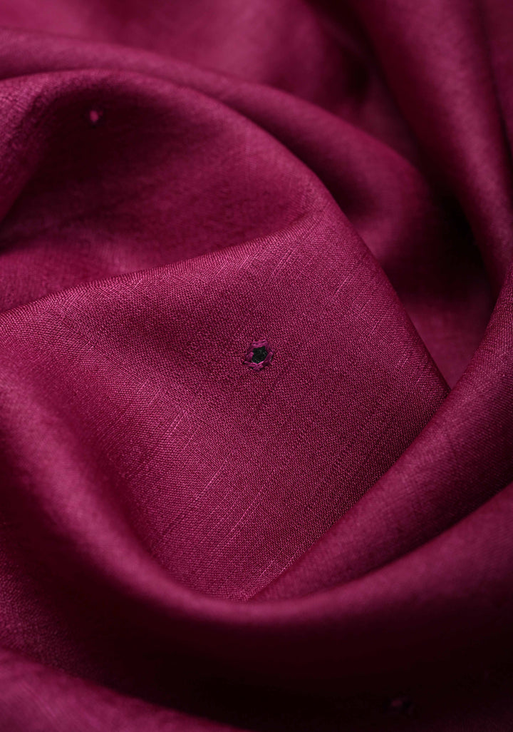 Plum-Magenta Tussar Silk Saree with Parsi Gara Design Machine Embroidery on Wide Border and Mirror work  |  SILK MARK CERTIFIED|