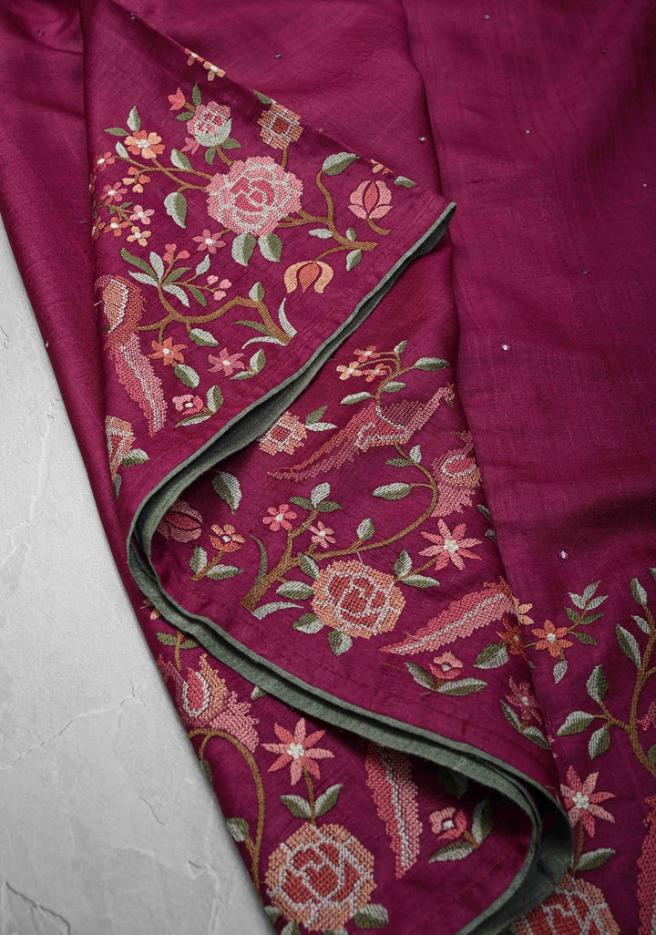 Plum-Magenta Tussar Silk Saree with Parsi Gara Design Machine Embroidery on Wide Border and Mirror work  |  SILK MARK CERTIFIED|