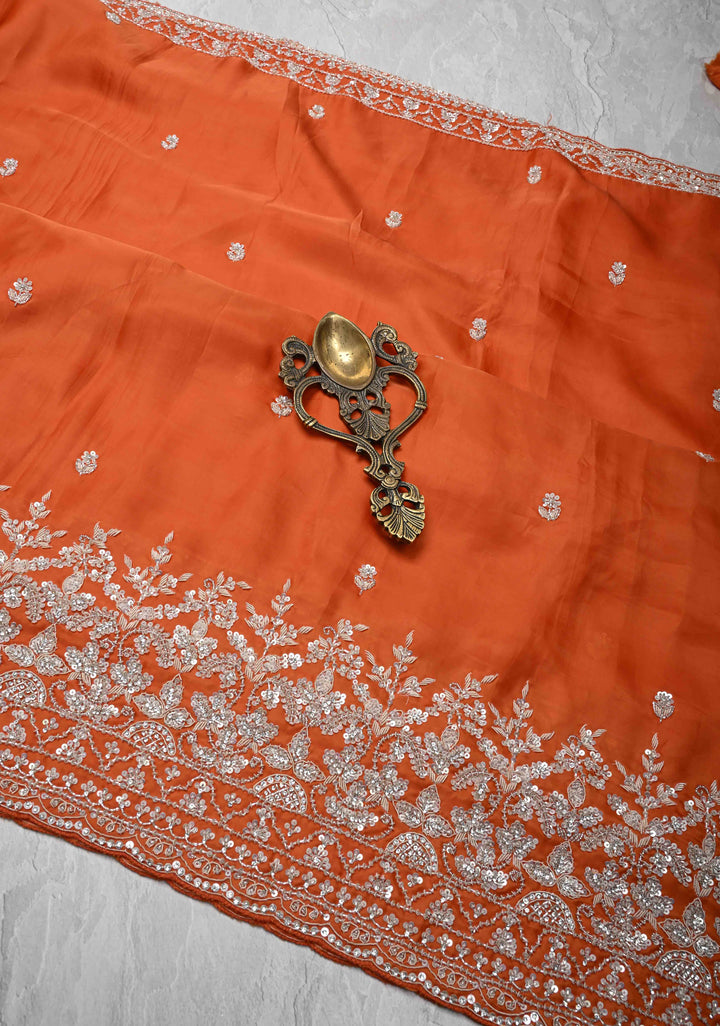 Orange Satin Silk Saree with sequins and cutdana hand-embroidery