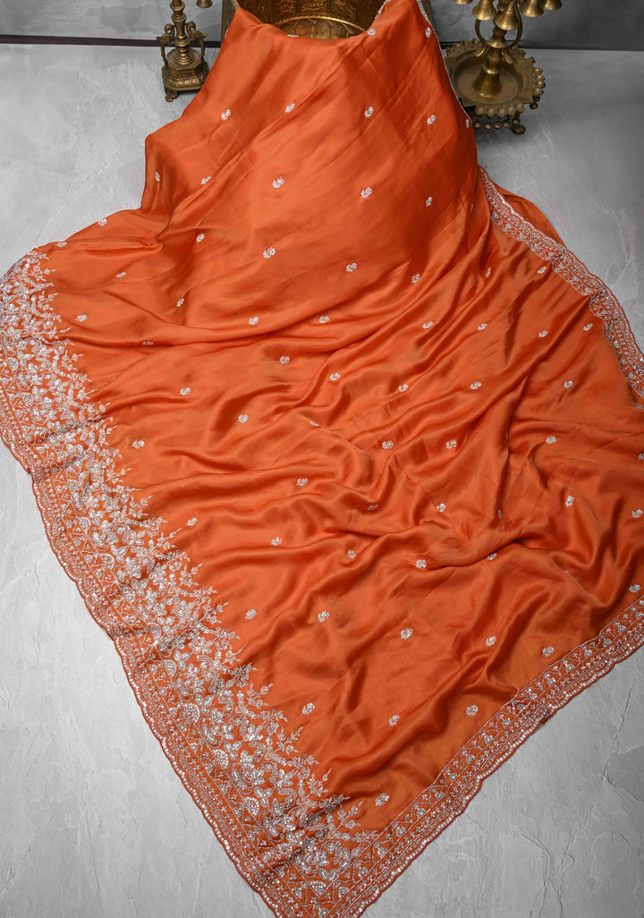 Orange Satin Silk Saree with sequins and cutdana hand-embroidery