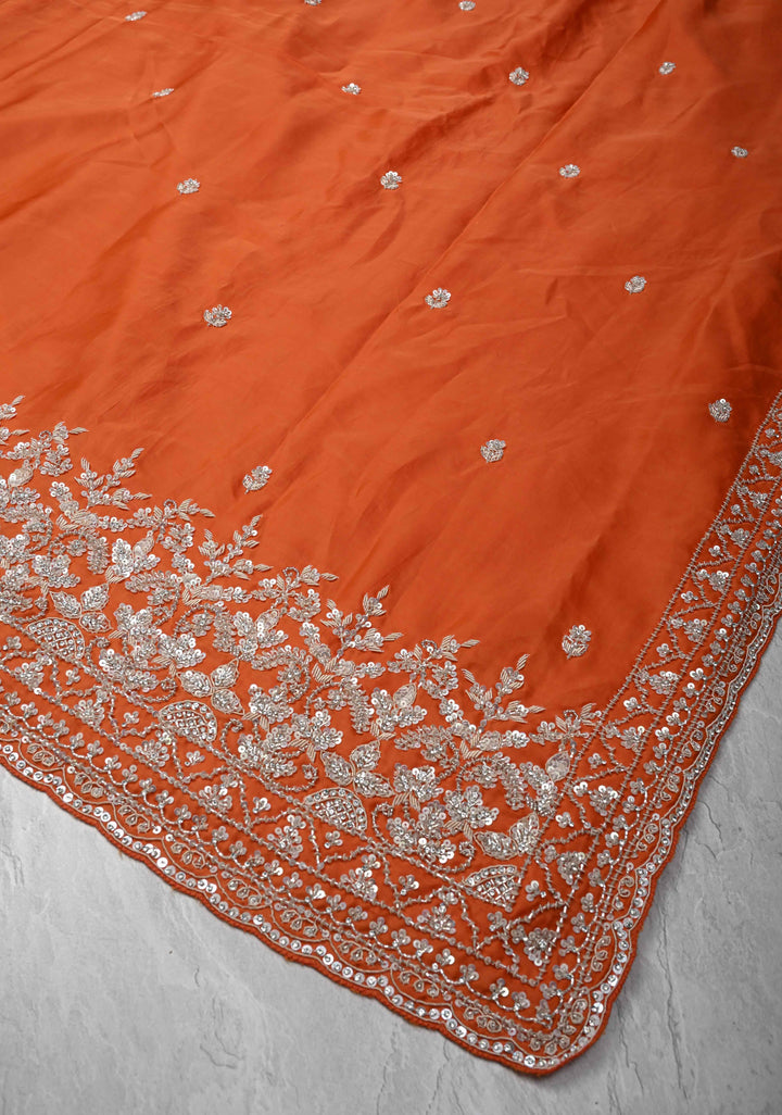 Orange Satin Silk Saree with sequins and cutdana hand-embroidery